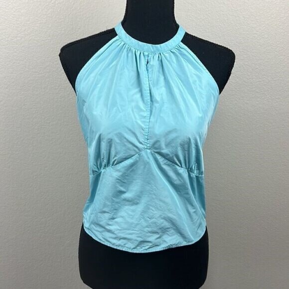 Zara Halter Top Powder Blue Tie-Back Bow Panel Fitted Sleeveless Keyhole Blouse - Picture 5 of 13